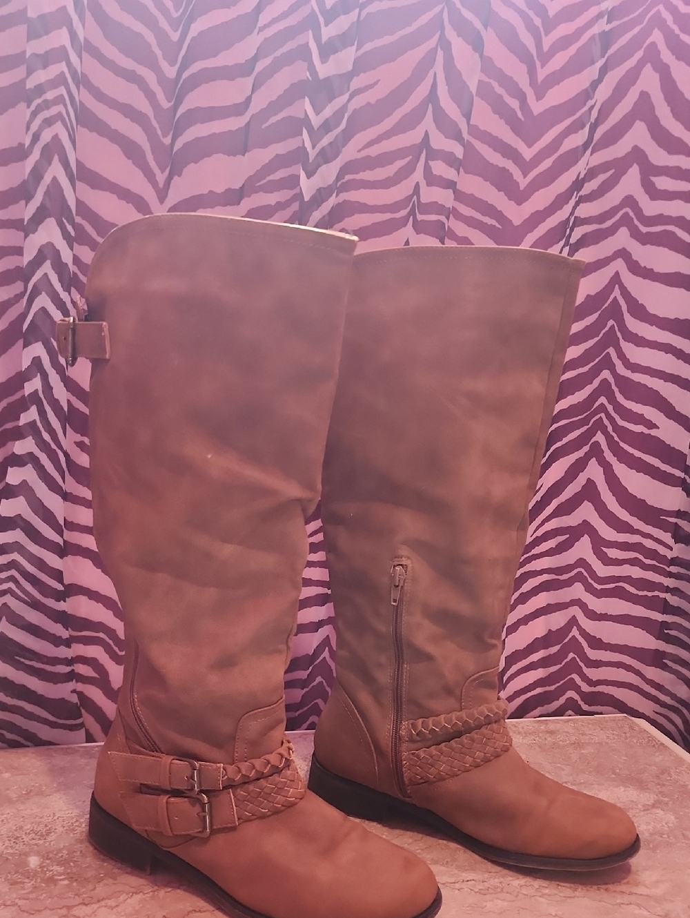 Classic Tall Brown Riding Boots with Braided Strap